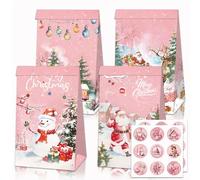 12 Piezas Bolsas Navidad Pequeñas Bolsa Papel Regalo, Bolsas Regalos Navidad, con 12 Pegatinas, para Celebraciones, Fiestas, Bodas, Cumpleaños, 4 Estilos, 12 x 8 x 17,7 cm, Rosa