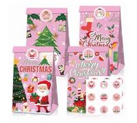 12 Piezas Bolsas Regalos Navidad, Bolsas Navidad Pequeñas Bolsa Papel Regalo, con 12 Pegatinas, para Celebraciones, Fiestas, Bodas, Cumpleaños, 4 Estilos, 12 x 8 x 17,7 cm, Rosa