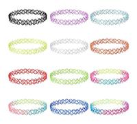 12 Piezas Collar Tatuaje Gargantilla, Colorido Tatuaje Collares Conjunto Lindo Flor Collares Estilo Años 90 Arco Iris Elástico Gargantilla Collar para Mujeres Niñas