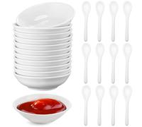 12 Piezas Cuencos Aperitivos, 3x3x0,8inch Redondo Cuencos para Salsa, Cuencos Salsa Soja con Cuchara, Platos Pequeños Aperitivos, Mini Plato de Salsa de Vinagre, Tazones para Salsas de Sushi (Blanco)