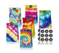 12 piezas de bolsas de golosinas para fiestas temáticas con tinte de corbata, bolsas de papel para dulces de fiesta coloridas, bolsas de regalo de favores de fiesta de boda con pegatinas