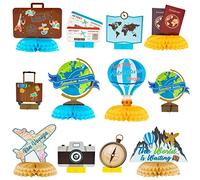 12 piezas de centros de mesa de nido de abeja con temática de viaje, decoración de fiesta de aventura, decoración de viaje alrededor del mundo, decoración de mesa de Bon Voyage