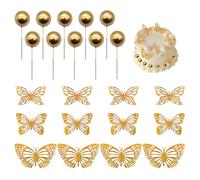 12 piezas de decoración de mariposas para pasteles, 10 piezas de inserciones de bolas doradas, decoraciones para cupcakes, accesorios de decoración para fiestas