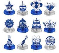12 piezas de decoraciones de feliz cumpleaños, centros de mesa de panal azul y plateado, suministros de fiesta, centro de mesa de papel, centros de mesa reales para hombres, mujeres, fiestas de niños