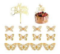 12 piezas de mariposas tridimensionales, 1 pieza de tarjeta de cumpleaños, mariposa hueca dorada, decoración de mariposas 3D, pegatina de pared de mariposa simulada, decoración de cupcakes