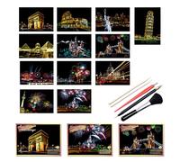 12 piezas de papel de arte para rascar, pintura de arco iris, bocetos, serie ciudad, arte nocturno, manualidades, rascar para adultos y niños con 5 herramientas.