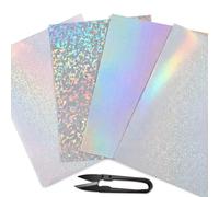 12 piezas de papel de pegatinas holográfico con tijeras, papel de pegatinas de vinilo holográfico A4, superposición de laminación transparente autoadhesiva con purpurina, película laminada de vinilo