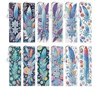 12 piezas de plumas de ensueño DIY pintura de diamantes marcapáginas con colgante de cristal decoración