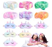 12 piezas de recuerdos de fiesta de pijama, lindas máscaras de dormir de animales y diademas de lazo, fundas de ojos de felpa y diademas de spa para niñas y mujeres