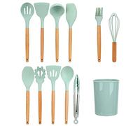 12 piezas de utensilios de cocina de silicona con mango de madera, juego de herramientas de cocina antiadherentes que incluye pincel para aceite y espátula para cocinar en casa, re (Verde claro)