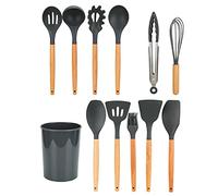 12 piezas de utensilios de cocina de silicona con mango de madera, set de herramientas de cocina antiadherentes que incluye brocha para aceite y espátula para cocinar en casa, (Gris)