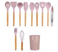 12 piezas de utensilios de cocina de silicona con mango de madera, set de herramientas de cocina antiadherentes que incluye brocha para aceite y espátula para cocinar en casa, (Rosácea)
