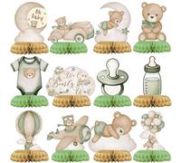 12 Piezas Decoración Baby Shower, Centro de Mesa con Panal de Abeja y Oso Bebé Verde Salvia, Baby Shower Decoración Mesa con Luna y Estrellas, Adornos para Nacimiento Bebé, Bautizo y Bienvenido Bebés