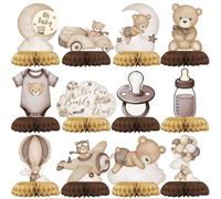 12 Piezas Decoración Baby Shower, Centro de Mesa Panal de Abeja con Oso Bebé y Diseño Luna Estrellas, Decoración Mesa Baby Shower en Tonos Neutros, Adornos para Nacimiento Bebé, Bautizo y Bienvenido