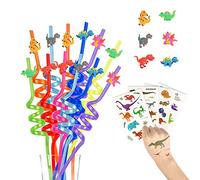 12 piezas Dinosaurio Pajitas de plástico para beber + 4 Tatuajes temporales + 1 Cepillo de limpieza, Pajitas reutilizables para fiestas de cumpleaños