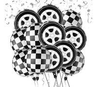 12 Piezas Globos a Cuadros Blancos y Negros para Temática de Carreras, 18 Pulgadas Globos de Neumáticos, Globos de Rueda de Coche, Globos de Papel de Aluminio, Suministros de Fiesta de Cumpleaños