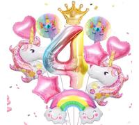 12 Piezas Globos de Cumpleaños Unicornio 4 Años Globos de Papel de Unicorni Decoración Cumpleaños para Niñas con Corona, Arcoíris, Estrella, Corazón e Cinta Suministros de Fiesta de Cumpleaños