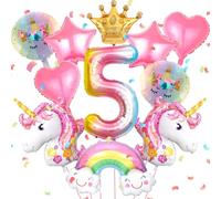 12 Piezas Globos de Cumpleaños Unicornio 5 Años Globos de Papel de Unicorni Decoración Cumpleaños para Niñas con Corona, Arcoíris, Estrella, Corazón e Cinta Suministros de Fiesta de Cumpleaños