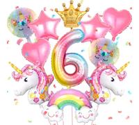 12 Piezas Globos de Cumpleaños Unicornio 6 Años Globos de Papel de Unicorni Decoración Cumpleaños para Niñas con Corona, Arcoíris, Estrella, Corazón e Cinta Suministros de Fiesta de Cumpleaños