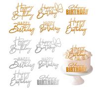 12 Piezas Happy Birthday Cake Topper, Decoración de Tarta de Acrílico de Espejo, Brillo Topper Feliz Cumpleaños, Lateral Decoracion Tartas, Adornos para Tarta de Feliz para Pastel (Dorado y Plateado)