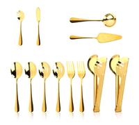 12 Piezas Juegos de Cubiertos para Servir, Acero Inoxidable Cubiertos Dorados Incluye Tenedores para Servir Cucharas Ranuradas Pinzas Cuchillo para Mantequilla Servidor de Tartas para Fiestas