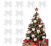 12 Piezas Lazos Arbol Navidad Blanco, 12 x 15cm Lazos Navidad Purpurina, Decoracion Arbol de Navidad Lazo, Arcos Navideños para Colgar para Guirnaldas, Regalos, Festividades, Fiestas