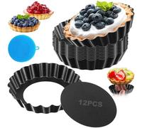 12 Piezas Moldes Tartaletas con Base Extraíble, 8cm Molde Quiche Mini Antiadherentes, Molde Redondo con Base Desmontable, Moldes Acero Carbono para Tartas Frutas, Pasteles, Tartelette (Negro)