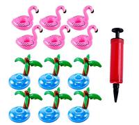 12 Piezas Portavasos Inflables Soporte Hinchable para Bebidas PVC Posavasos Hinchables Flamenco Posavasos de Flotador con Bomba de Aire Juego de Portavasos Inflable Cocotero Posavasos Piscina Fiesta