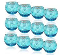 12 Piezas Portavelas de Vidrio 5x5,5cm, Porta Velas de Té Decorativas Grandes, Candelabros para Velas Color Dorado Rosa Azul Centro de Mesa, Portavelas Decoracion para Fiestas Boda Cumpleaños (Azul)