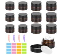 12 Piezas Tarro Vacío de Vidrio Ámbar con Pegatina y Cuchara, 20ml/30ml Tarros de Cristal de Ámbar Recargables, Recipientes de Vidrio Marrón para Cremas Lociones Aceites