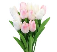 12 Piezas Tulipanes Artificiales, Toque Real Tulipán Flores Artificiales Flores Falsa por Casa Boda Ramo Fiesta Habitación Arreglo Bricolaje Decoración (Blanco & Rosa)