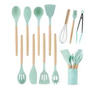 12 Piezas Utensilios Cocina de Silicona, Resistente al Calor Antiadherente, Juego de Utensilios de Cocina de Silicona,Apto para lavavajillas,Accesorios cocina,Juego de cubiertos con cubo(Verde)