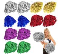 12 pompones de animadoras: pompones de animadora con asas, pompones metálicos claros, bolas de animadoras, bonitas cintas de flores para competencia deportiva, danza, animadoras, adultos, niños