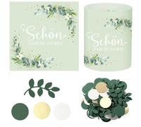 12 portavelas + 100 servilletas + 100 confeti, bonito que Du Da Bist Tischdeko Salvia para cumpleaños, boda, decoración eucalipto verde adecuado para velas de té o velas