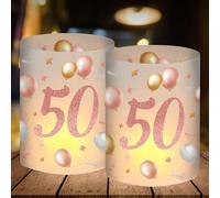 12 portavelas para decoración de mesa, decoración de 50 cumpleaños para mujer, decoración de cumpleaños de 50 años para mujer, decoración de mesa de cumpleaños número 50 Happy Birthday en color rosa