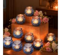 12 portavelas votivas azules, vasos para velas de té, portavelas de cristal, juego de portavelas de cristal, portavelas votivas, portavelas para bodas, decoración del hogar (azul)