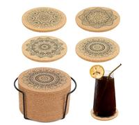 12 Posavasos de Corcho de Madera Reutilizables - Redondos, Absorbentes para Café, Bar, Cocina, Restaurante y Oficina - Con Soporte de Metal