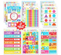 12 pósteres educativos españoles, carta de aprendizaje bilingüal para prek, niños y 1st Grade Kids, decoración de clases en el hogar - Alphabet, Colors, Numbers, Months of the Year, Days of the Week
