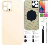 12 Pro Max - Cristal trasero de repuesto para iPhone 12pro Max (6.7 pulgadas) con cinta preinstalada + instrucciones de instalación + herramientas de reparación + protector de pantalla (dorado)