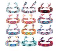 12 pulseras de 1,5 cm de ancho, unisex, coloridas, tejidas, de algodón y lino, ajustables, de tela bohemia, pulsera de la amistad, pulsera de tejido, mixta
