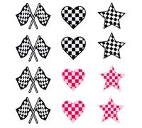 12 Pzs Parches de Carreras, Parches Decorativos de Cuadros Clásicos para Planchar Apliques de Parches Bordados para Ropa Jeans Mochilas Sombreros (Bandera + Corazón + Estrella)