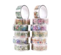 12 rollos de cinta adhesiva de flores de 15 mm x 2 m, decoración estética PET para scrapbooking, diario, cuaderno, álbum, embalaje de teléfono, adhesivo para temas de plantas