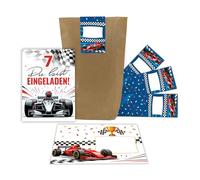 12 tarjetas de invitación para 7º cumpleaños infantil, coche de carreras, coloridas, invitaciones de séptimo cumpleaños, invitaciones de cumpleaños para niños, incluye 12 sobres, 12 bolsas de regalo
