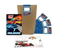 12 tarjetas de invitación para 7º cumpleaños infantil, coche de carreras, coloridas, invitaciones de séptimo cumpleaños, invitaciones de cumpleaños para niños, incluye 12 sobres, 12 bolsas de regalo