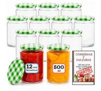 12 Tarros de Cristal 500 ml con Tapa Metálica Twist Off Verde y Blanca, Botes / Frascos de Vidrio para Conservas, Mermeladas, Salsas, Legumbres, Encurtidos y Despensa, con Etiquetas y Recetario PDF