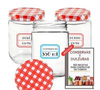 12 Tarros de Cristal de 350 ml con Tapas de Metal + EBook de 102 Recetas para Conservas - Frascos con Tapa de Rosca para Alimentos Caseros - Bote Estanco - Incluye Etiquetas (Tapas a Cuadros)