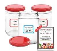 12 Tarros de Cristal de 450 ml con Tapa Metálica Roja + 12 Tapas Extra + EBook de 102 Recetas - Cierre Hermético para Alimentos Caseros - Incluye Etiquetas
