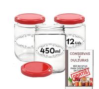 12 Tarros de Cristal de 450 ml con Tapas a Cuadros + 12 Tapas Rojas Extra + Ebook 102 Recetas para Conservas - Frascos Herméticos para todo tipo de Alimentos - Incluye Etiquetas