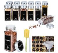12 tarros de especias de vidrio cuadrado de 120 ml con inserto de aspersor - Tarros de especias de cocina con etiquetas, embudo, marcador y cepillo - Caja de especias para almacenamiento de cocina