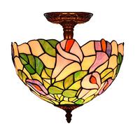 12" Tify Style Ceiling Light Fixture Stained Glass Semi Flush Mount Ceiling Lamp,2 Light, Traditional Dimmable Metal Decor Chandeliers for Bedroom Kitchen Dining Living Room Entry